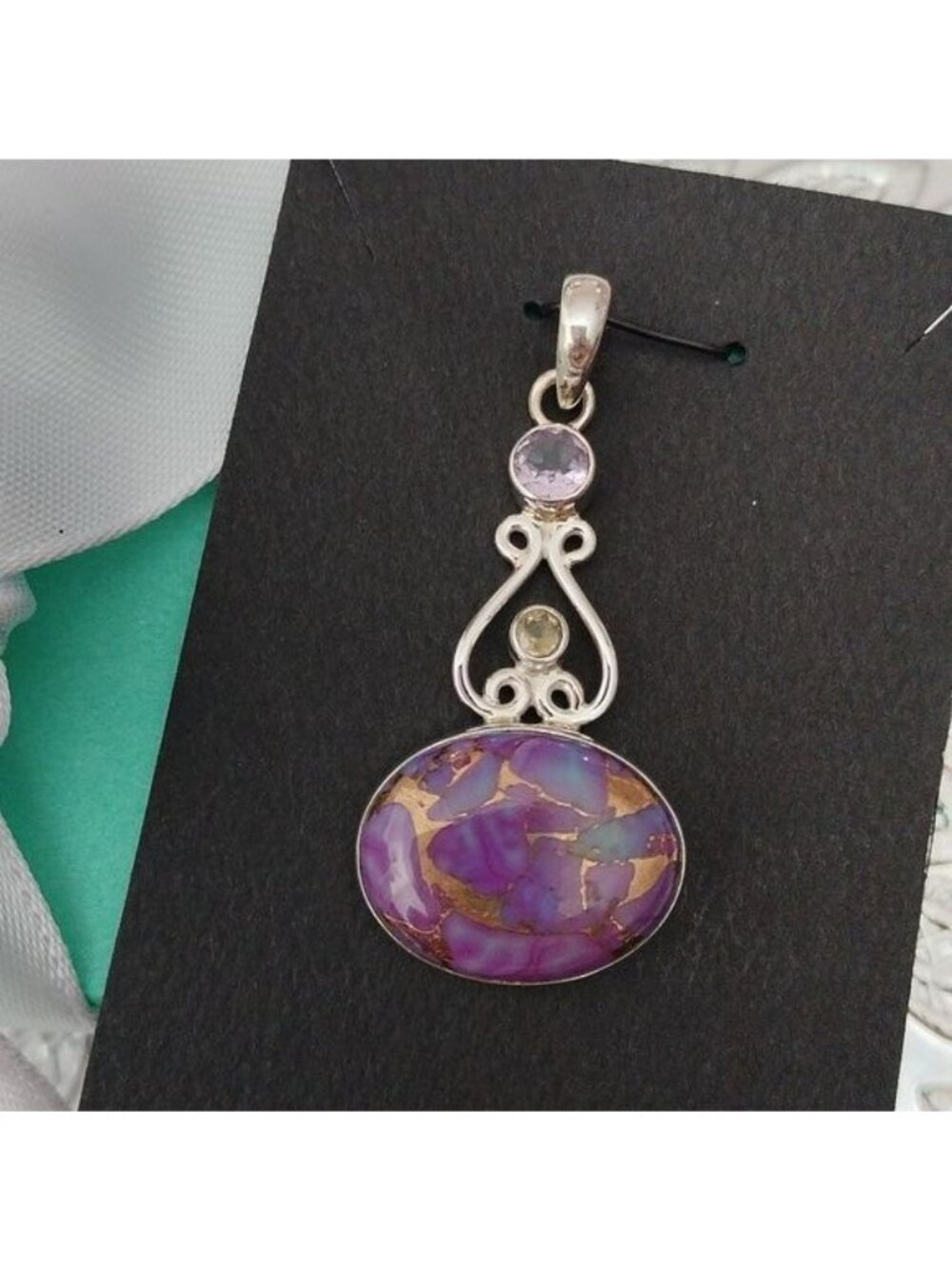 Sterling Silver, Mojave Purple Turquoise, Citrine + Amethyst Oval Pendant